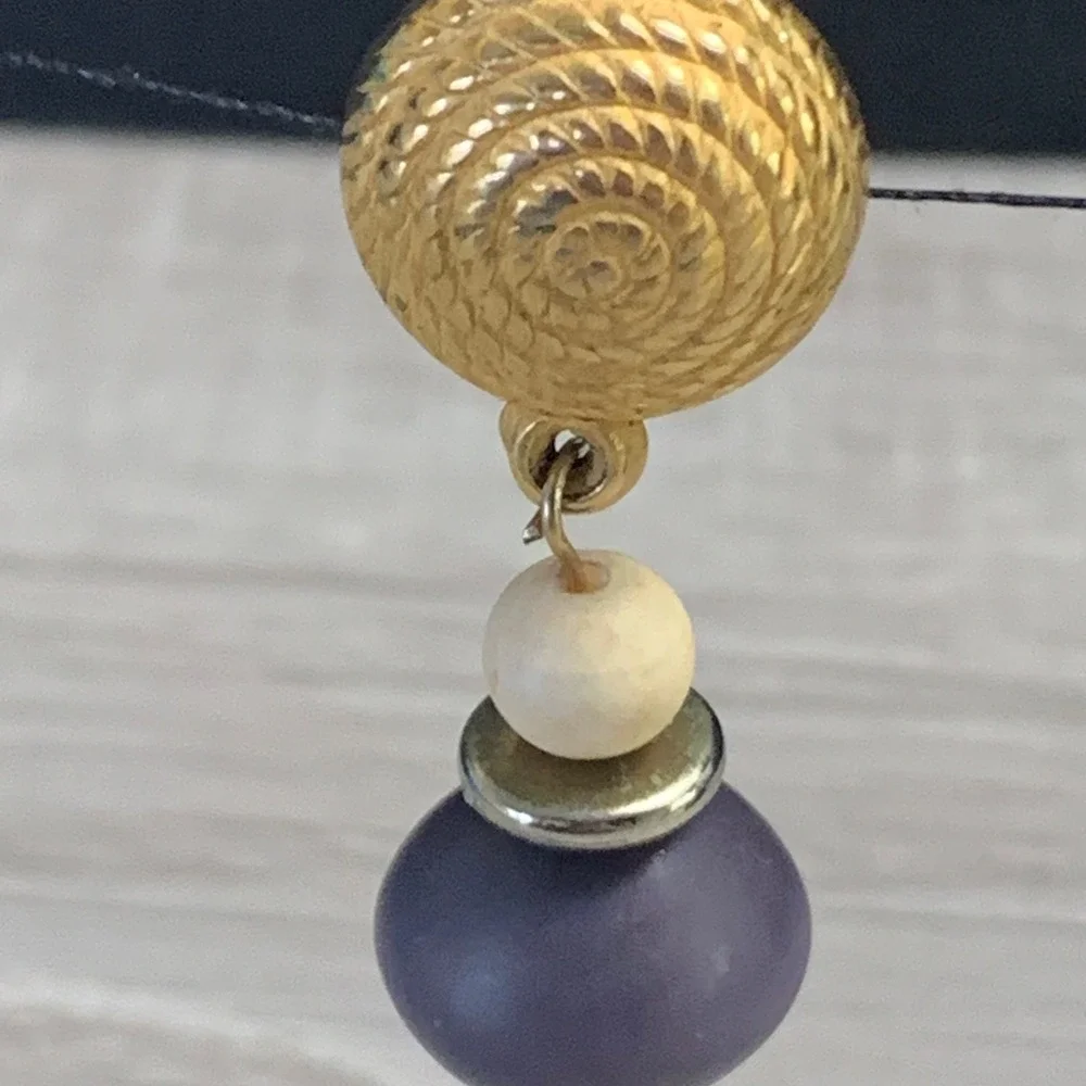 Vintage Gold Tone Spiral Stud Purple Cream Bead Drop Earrings Post Back Boho